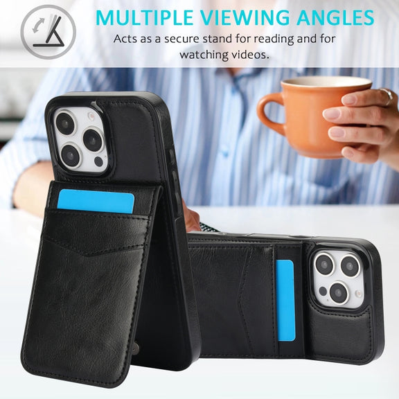 For iPhone 16 Pro Max Solid Color Card Slots Bracket PU Phone Case(Black)