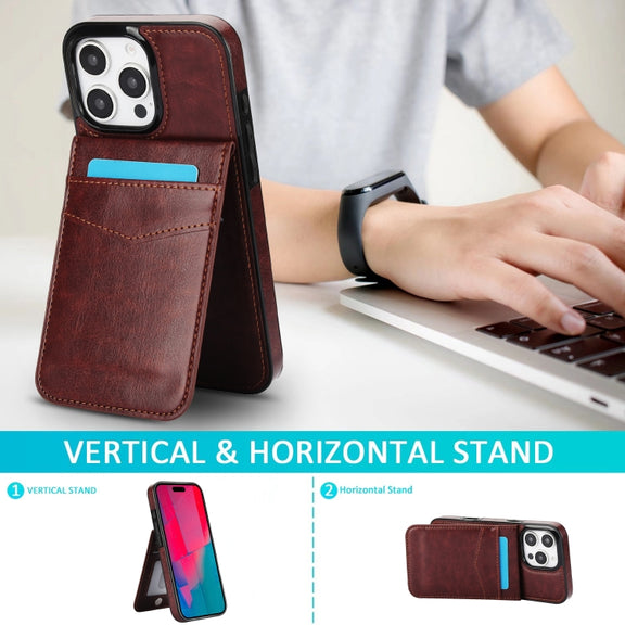 For iPhone 16 Pro Solid Color Card Slots Bracket PU Phone Case(Brown)