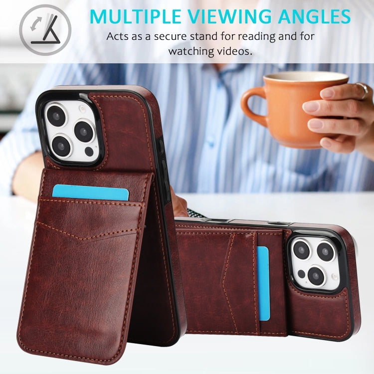 For iPhone 16 Pro Solid Color Card Slots Bracket PU Phone Case(Brown)