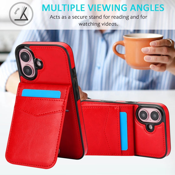 For iPhone 16 Plus Solid Color Card Slots Bracket PU Phone Case(Red)