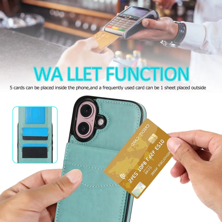 For iPhone 16 Solid Color Card Slots Bracket PU Phone Case(Mint Green)