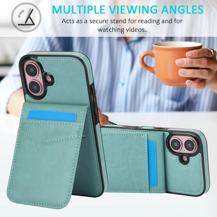 For iPhone 16 Solid Color Card Slots Bracket PU Phone Case(Mint Green)