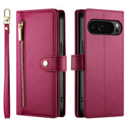 For Google Pixel 9 Pro XL Nine Card-slot Zipper Wallet Bag Leather Phone Case(Red)
