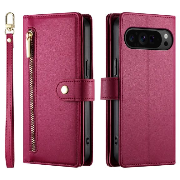 For Google Pixel 9 Pro XL Nine Card-slot Zipper Wallet Bag Leather Phone Case(Red)