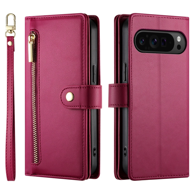 For Google Pixel 9 Pro XL Nine Card-slot Zipper Wallet Bag Leather Phone Case(Red)