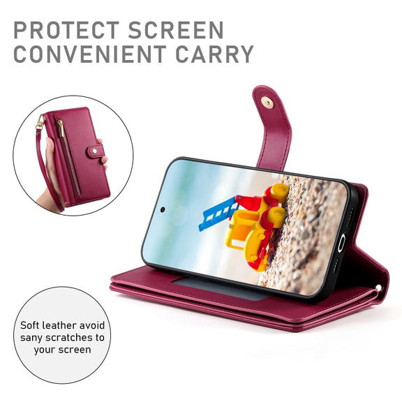 For Google Pixel 9 Pro XL Nine Card-slot Zipper Wallet Bag Leather Phone Case(Red)