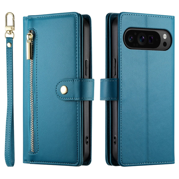 For Google Pixel 9 Pro XL Nine Card-slot Zipper Wallet Bag Leather Phone Case(Blue)