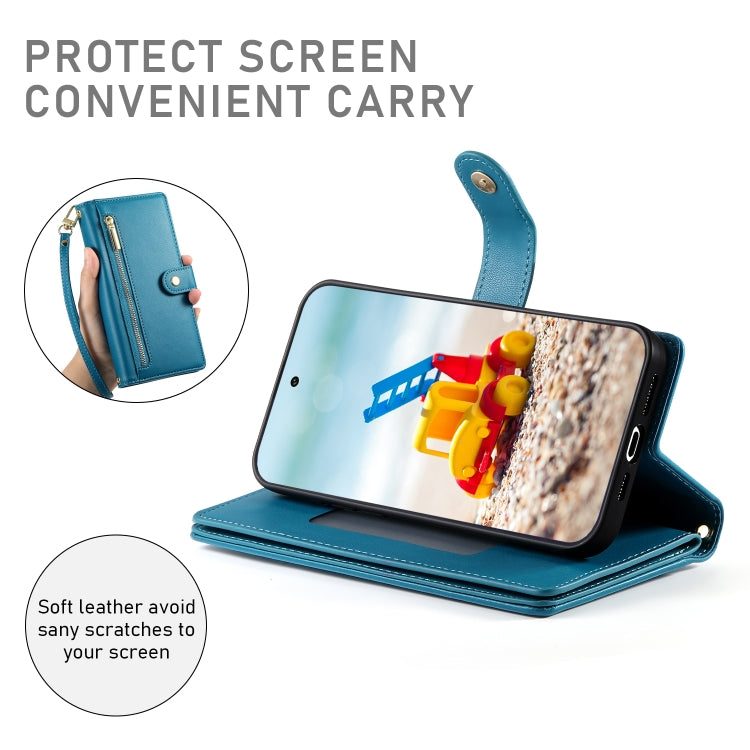 For Google Pixel 9 Pro XL Nine Card-slot Zipper Wallet Bag Leather Phone Case(Blue)