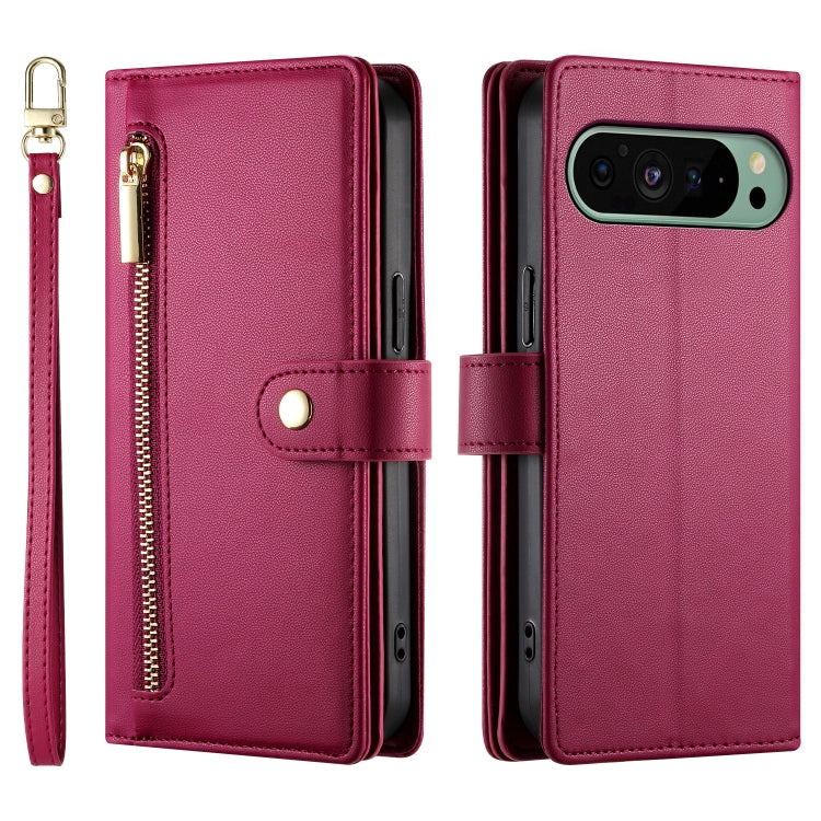 For Google Pixel 9 / 9 Pro Nine Card-slot Zipper Wallet Bag Leather Phone Case(Red)