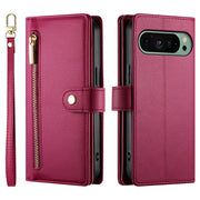 For Google Pixel 9 / 9 Pro Nine Card-slot Zipper Wallet Bag Leather Phone Case(Red)
