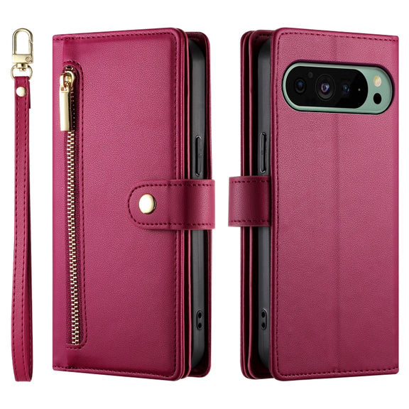 For Google Pixel 9 / 9 Pro Nine Card-slot Zipper Wallet Bag Leather Phone Case(Red)
