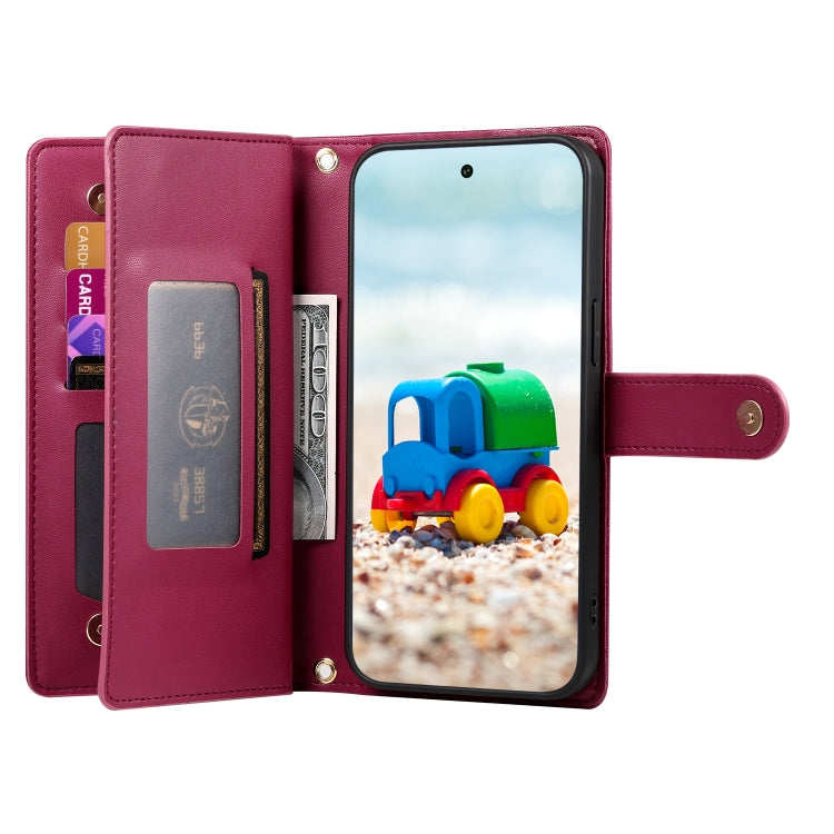 For Google Pixel 9 / 9 Pro Nine Card-slot Zipper Wallet Bag Leather Phone Case(Red)
