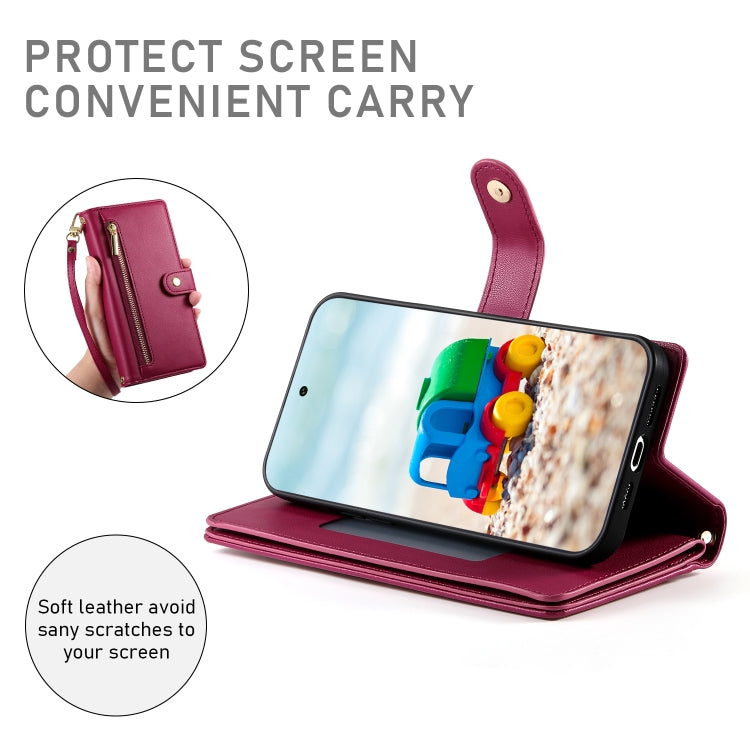 For Google Pixel 9 / 9 Pro Nine Card-slot Zipper Wallet Bag Leather Phone Case(Red)