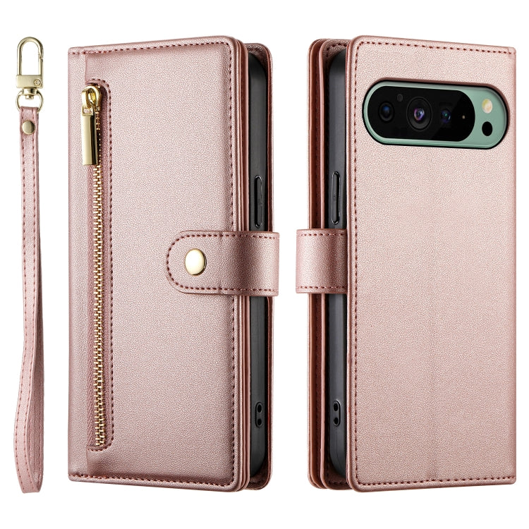 For Google Pixel 9 / 9 Pro Nine Card-slot Zipper Wallet Bag Leather Phone Case(Pink)