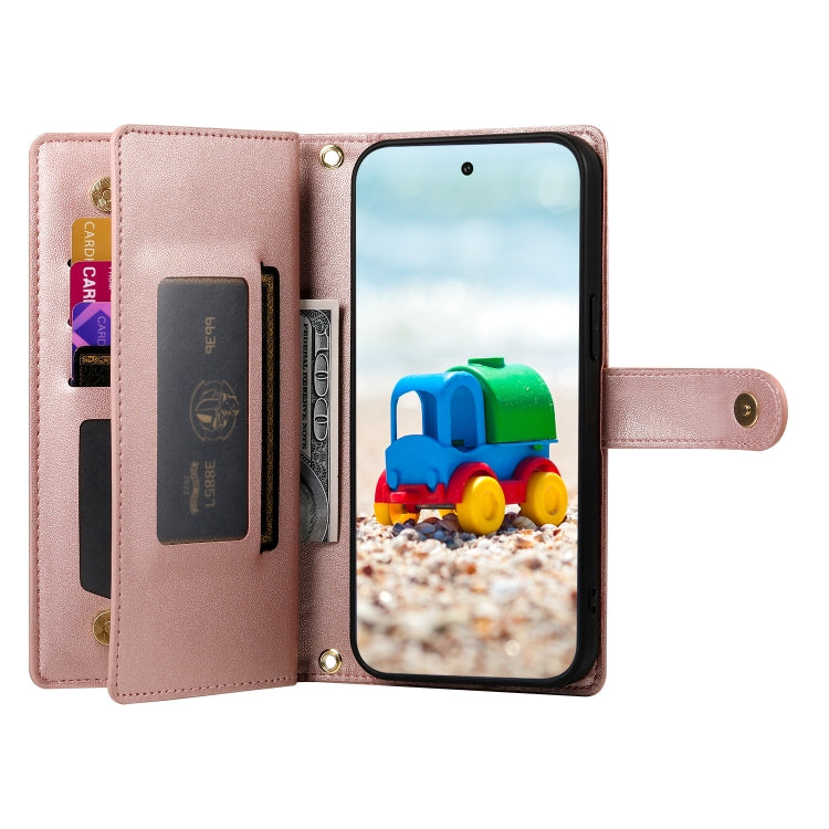 For Google Pixel 9 / 9 Pro Nine Card-slot Zipper Wallet Bag Leather Phone Case(Pink)