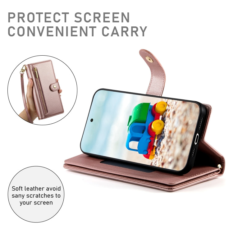 For Google Pixel 9 / 9 Pro Nine Card-slot Zipper Wallet Bag Leather Phone Case(Pink)