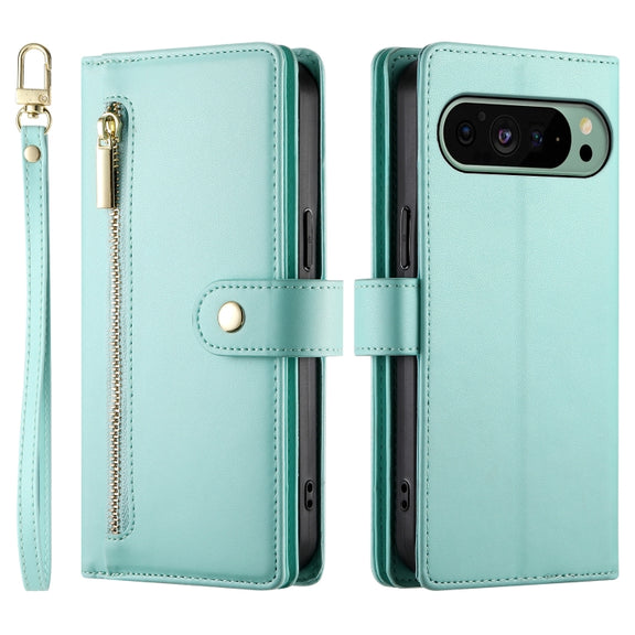 For Google Pixel 9 / 9 Pro Nine Card-slot Zipper Wallet Bag Leather Phone Case(Mint Green)