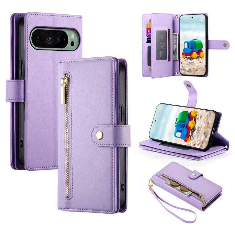 For Google Pixel 9 / 9 Pro Nine Card-slot Zipper Wallet Bag Leather Phone Case(Purple)