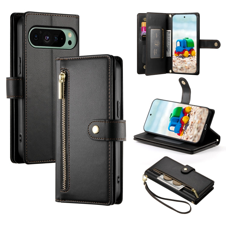 For Google Pixel 9 / 9 Pro Nine Card-slot Zipper Wallet Bag Leather Phone Case(Black)