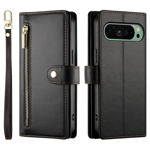 For Google Pixel 9 / 9 Pro Nine Card-slot Zipper Wallet Bag Leather Phone Case(Black)