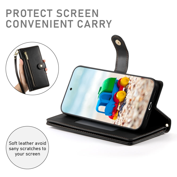 For Google Pixel 9 / 9 Pro Nine Card-slot Zipper Wallet Bag Leather Phone Case(Black)