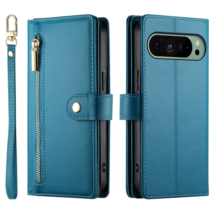 For Google Pixel 9 / 9 Pro Nine Card-slot Zipper Wallet Bag Leather Phone Case(Blue)