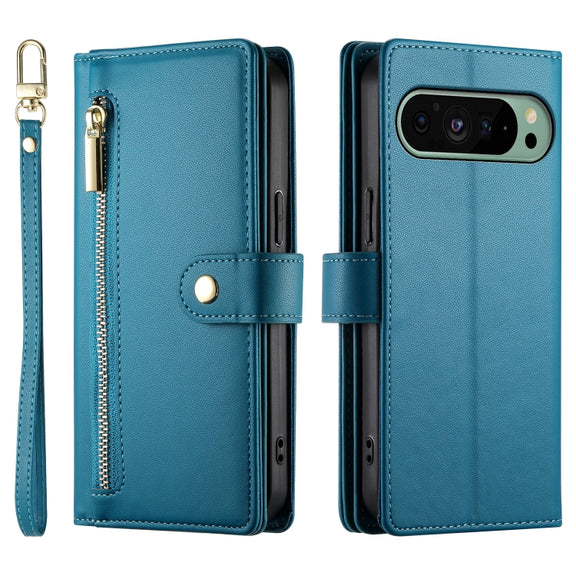 For Google Pixel 9 / 9 Pro Nine Card-slot Zipper Wallet Bag Leather Phone Case(Blue)