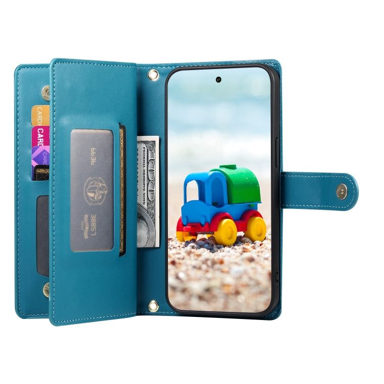 For Google Pixel 9 / 9 Pro Nine Card-slot Zipper Wallet Bag Leather Phone Case(Blue)