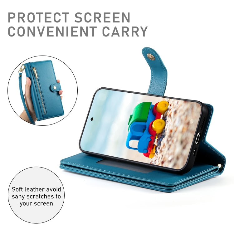 For Google Pixel 9 / 9 Pro Nine Card-slot Zipper Wallet Bag Leather Phone Case(Blue)