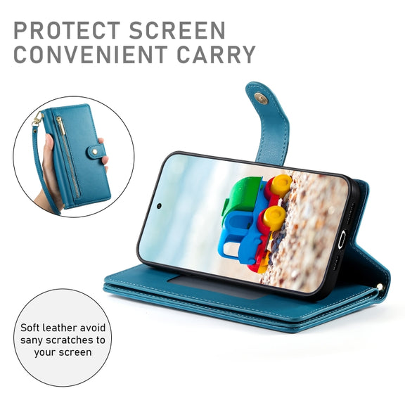For Google Pixel 9 / 9 Pro Nine Card-slot Zipper Wallet Bag Leather Phone Case(Blue)