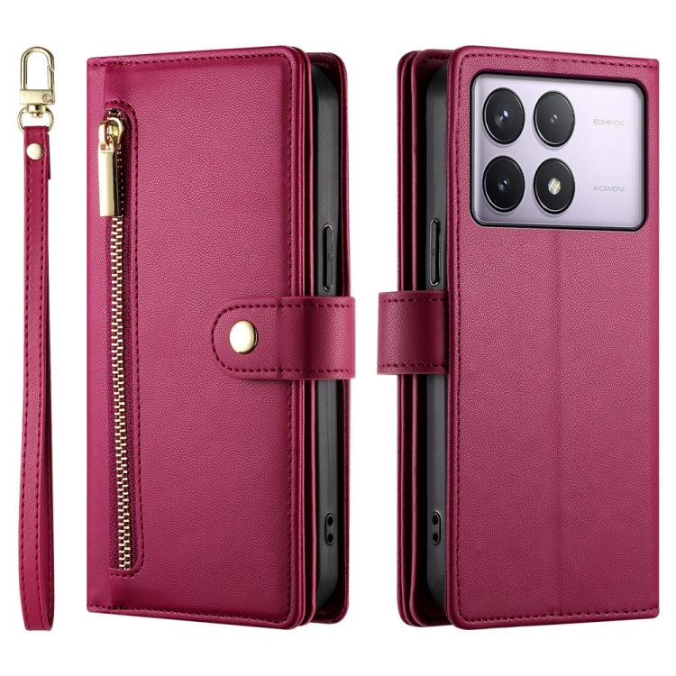 For Redmi K70 Nine Card-slot Zipper Wallet Bag Leather Phone Case(Red)