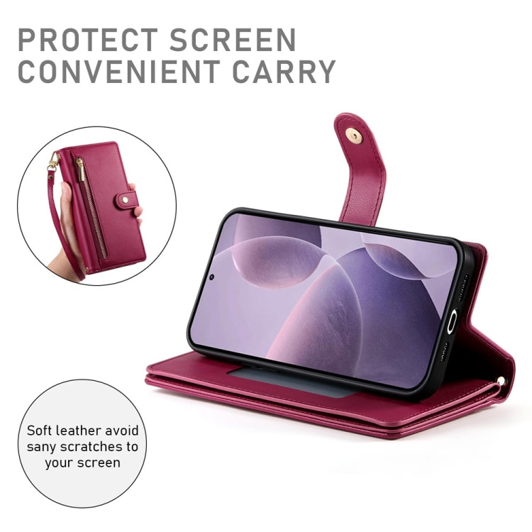 For Redmi K70 Nine Card-slot Zipper Wallet Bag Leather Phone Case(Red)