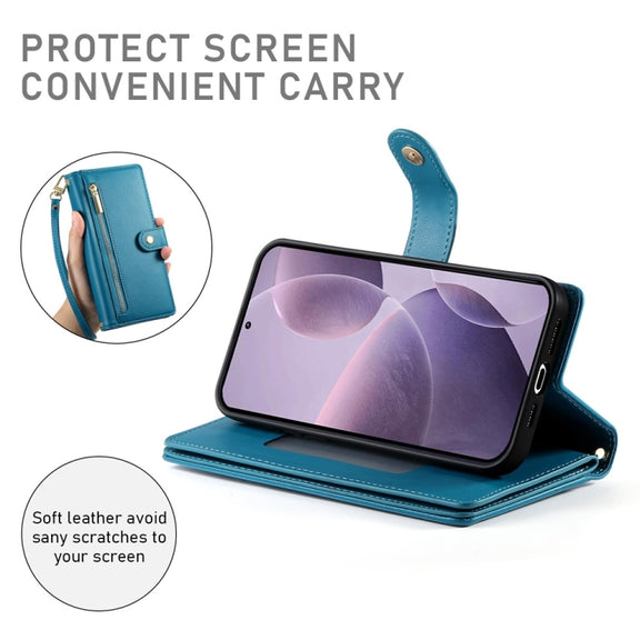 For Redmi K70 Nine Card-slot Zipper Wallet Bag Leather Phone Case(Blue)