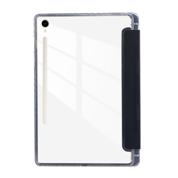 For Samsung Galaxy Tab S9 / S9 FE Carbon Fiber Clear Acrylic 3-Fold Leather Tablet Case(Dark Blue)