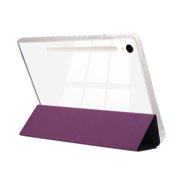 For Samsung Galaxy Tab S9 / S9 FE Carbon Fiber Clear Acrylic 3-Fold Leather Tablet Case(Purple)
