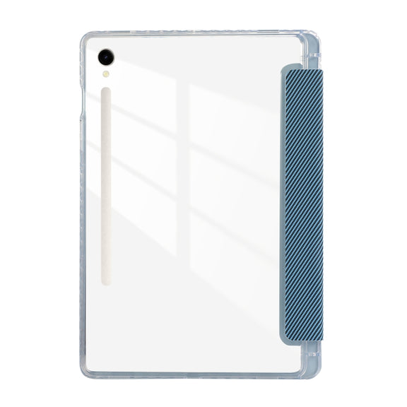 For Samsung Galaxy Tab S9 / S9 FE Carbon Fiber Clear Acrylic 3-Fold Leather Tablet Case(Blue)