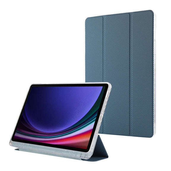 For Samsung Galaxy Tab S9 / S9 FE Carbon Fiber Clear Acrylic 3-Fold Leather Tablet Case(Blue)