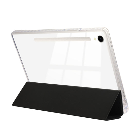 For Samsung Galaxy Tab S9 / S9 FE Carbon Fiber Clear Acrylic 3-Fold Leather Tablet Case(Black)