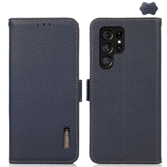 For Samsung Galaxy S25 Ultra 5G KHAZNEH Side-Magnetic Litchi Genuine Leather RFID Phone Case(Blue)