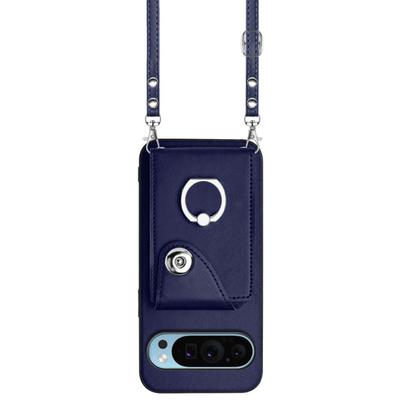 For Google Pixel 9 / 9 Pro Organ Card Bag Ring Holder Phone Case with Long Lanyard(Blue)
