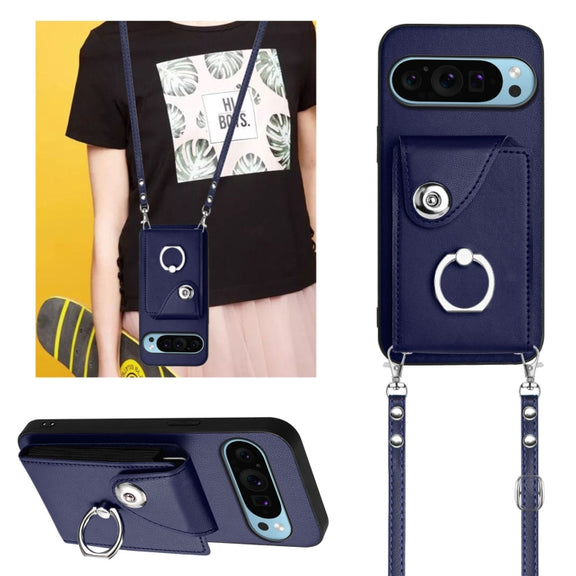 For Google Pixel 9 / 9 Pro Organ Card Bag Ring Holder Phone Case with Long Lanyard(Blue)