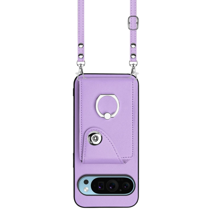 For Google Pixel 9 / 9 Pro Organ Card Bag Ring Holder Phone Case with Long Lanyard(Purple)