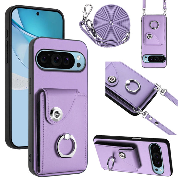 For Google Pixel 9 / 9 Pro Organ Card Bag Ring Holder Phone Case with Long Lanyard(Purple)
