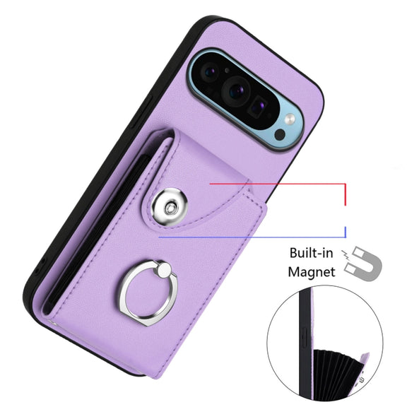 For Google Pixel 9 / 9 Pro Organ Card Bag Ring Holder Phone Case with Long Lanyard(Purple)