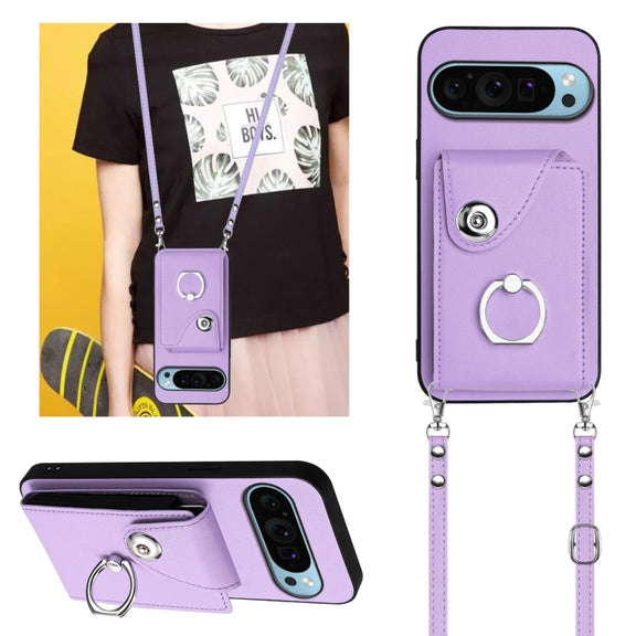 For Google Pixel 9 / 9 Pro Organ Card Bag Ring Holder Phone Case with Long Lanyard(Purple)