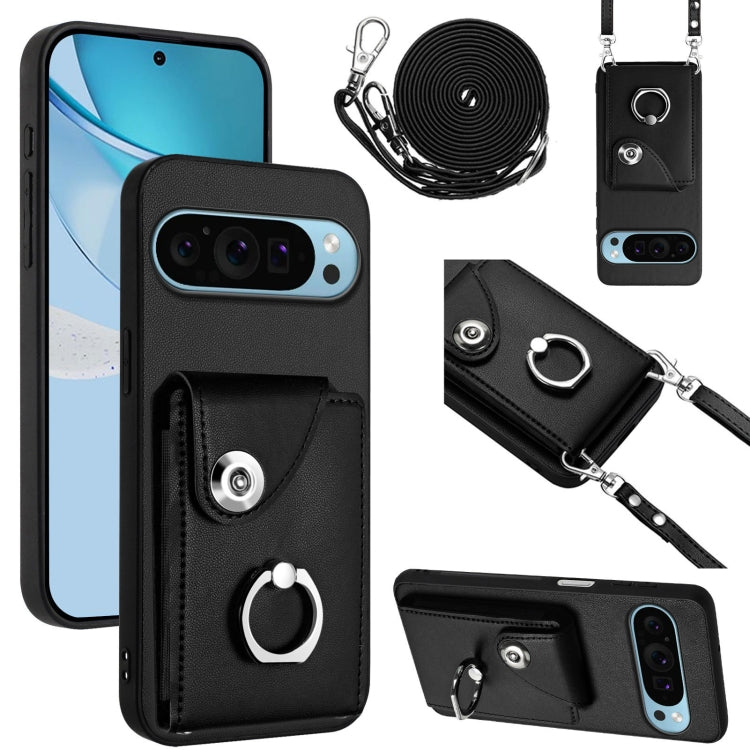 For Google Pixel 9 / 9 Pro Organ Card Bag Ring Holder Phone Case with Long Lanyard(Black)