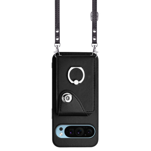 For Google Pixel 9 / 9 Pro Organ Card Bag Ring Holder Phone Case with Long Lanyard(Black)