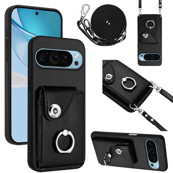 For Google Pixel 9 / 9 Pro Organ Card Bag Ring Holder Phone Case with Long Lanyard(Black)