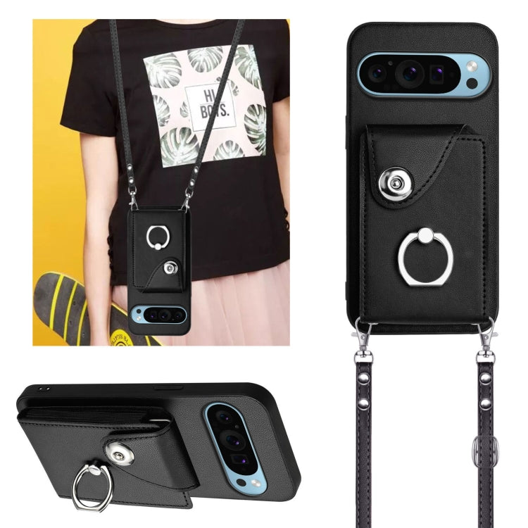 For Google Pixel 9 / 9 Pro Organ Card Bag Ring Holder Phone Case with Long Lanyard(Black)