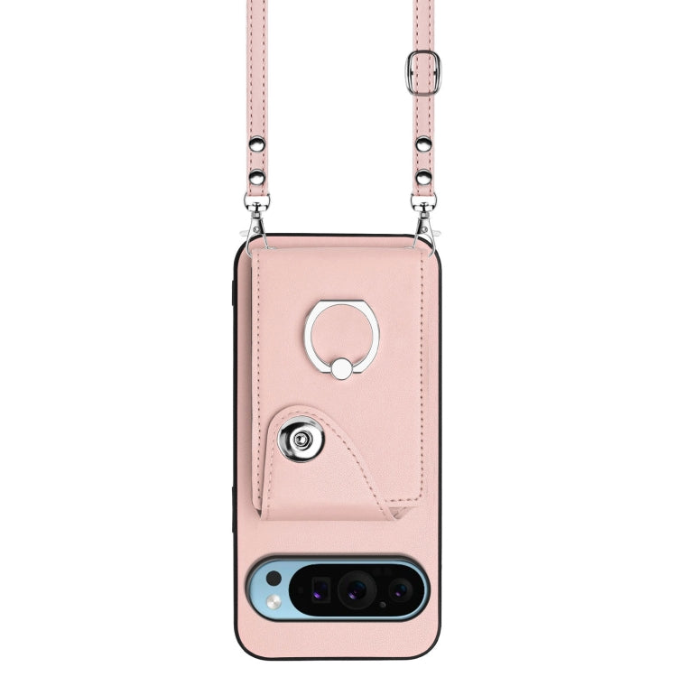 For Google Pixel 9 / 9 Pro Organ Card Bag Ring Holder Phone Case with Long Lanyard(Pink)